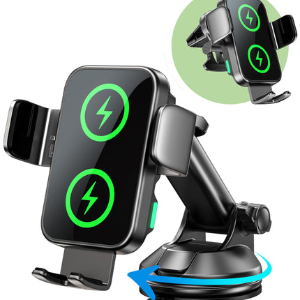 GuMosh 15W autotelefoni hoidik laadimisfunktsiooniga, [topeltmähis] [360° automaatne kinnitus] induktiivne laadimisjaam auto juhtmevaba laadija ventilatsiooniks + iminapp, autolaadija iPhone 16-12/Samsungile