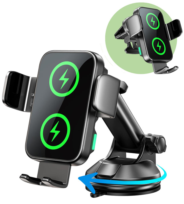 GuMosh 15W autotelefoni hoidik laadimisfunktsiooniga, [topeltmähis] [360° automaatne kinnitus] induktiivne laadimisjaam auto juhtmevaba laadija ventilatsiooniks + iminapp, autolaadija iPhone 16-12/Samsungile