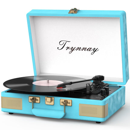 Trynnay Record Player 3-Speed ​​Bluetooth Portable Suitcase Vinyl Player with Built-in Speakers Record Player Enhanced Audio Sound PU Leather Vintage Blue