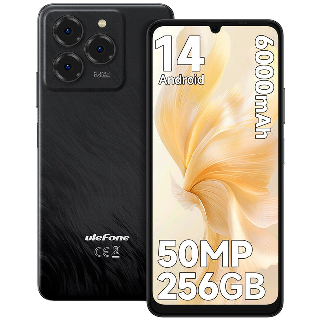 Ulefone Note 20 Pro mobiiltelefon Android 14 256GB + 8GB / 1TB SD 50MP + 8MP kaamera Octa Core 6000mAh 18W 6.75" HD+ 90Hz 4G kahe SIM-kaardiga nutitelefon lukustamata sõrmejäljelugeja näotuvastus GPS OTG 2-aastane garantii - must