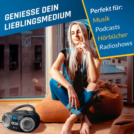 KLIM B3 kaasaskantav CD-mängija Bluetooth Boombox FM-raadio, Bluetoothi, USB ja AUX-iga - kvaliteetsed topeltkõlarid, ekvalaiseriga heliefektid, 20 eelsalvestatud jaama, kompaktne ja kerge | Kaasaskantav CD-mängija