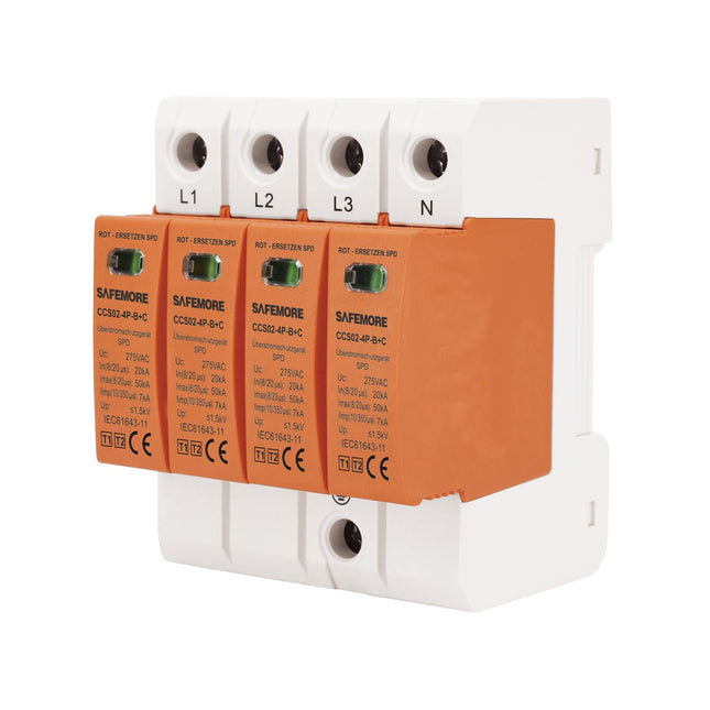 Ülepingepiirik päikesepaneelidele, SAFEMORE ülepingekaitse tüüp 1+ tüüp 2, tüüp (B+C) 4-pooluseline 275V 20kA toiteplokk arvestikapile