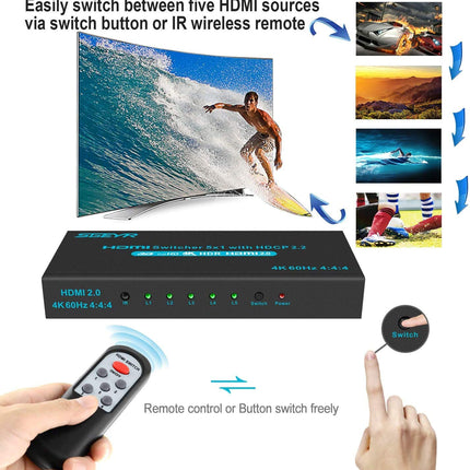 SGEYR HDMI jaotur puldiga, HDMI jaotur, HDMI lüliti, HDMI jaotur, HDMI jaotur kahe monitori jaoks, HDMI jaotur 5 sisse ja 1 välja, 4k HDMI lüliti, teleri, mängukonsooli, Windows 7/8/9/10, Xboxi jaoks