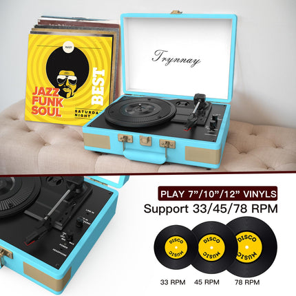 Trynnay Record Player 3-Speed ​​Bluetooth Portable Suitcase Vinyl Player with Built-in Speakers Record Player Enhanced Audio Sound PU Leather Vintage Blue