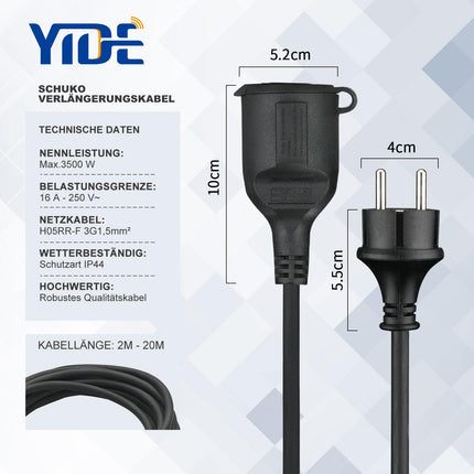 YIDE pikenduskaabel 2m välistingimustes kasutatav kummist pikenduskaabel Schuko pistikuga välistingimustes kasutamiseks IP44 pikenduskaabel H05RR-F 3G 1.5mm² 3500W elektrikaabel välistingimustes kaitsekorgiga must