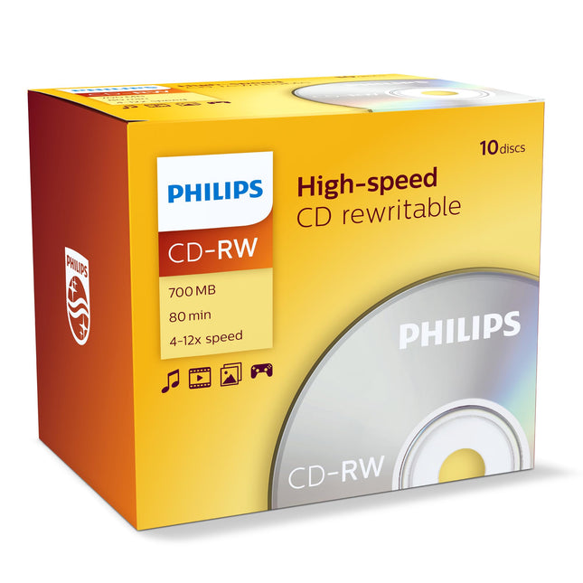 Philipsi tühjad CD-RW plaadid kiirelt kirjutamiseks (700 MB / 80 minutit, 4–12x kiirus, 10 tk Jewel Case'is, korduvkirjutatavad)