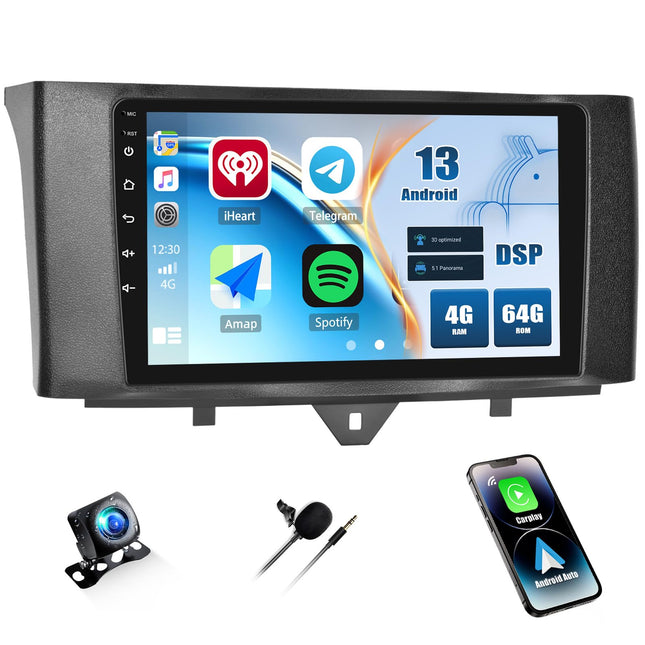 CAMECHO 4+64G 9-tolline DSP autoraadio Mercedes-Benz Smart Fortwo 2011-2015 tahavaatekaameraga, Android 13 navigatsiooniraadio HD puutetundliku ekraaniga ja juhtmevaba Carplayga, Android Auto Bluetooth GPS FM/RDS peegliühendusega