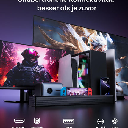 MEREDO heliriba teleritele, subwooferiga, 3.1 kanaliga arvutimängude heliriba, RGB heli sünkroniseerimisvalgus, BT 5.3/HD-ARC/optiline/AUX/USB teleri kõlarid laua-/sülearvuti mängukonsoolidele, kodukino