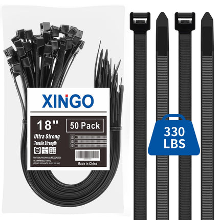XINGO 18" Black Cable Ties, Heavy Duty, 50 Pack, 330 lbs, Ultra Exclusive Strong Plastic Wire Ties, Large Cable Ties, Extra Long Cable Ties for Indoor and Outdoor Use