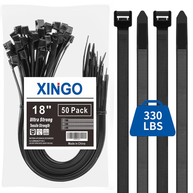 XINGO 18" mustad kaablisidemed, vastupidavad, 50 tk pakis, 330 naela, ülimalt eksklusiivsed tugevad plastkaablisidemed, suured kaablisidemed, eriti pikad kaablisidemed sise- ja välistingimustes kasutamiseks