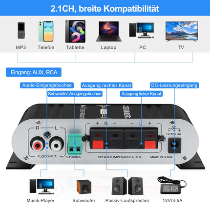 HiFi helivõimendi, 2.1-kanaliline stereovõimendi, RMS 20Wx2+40W ST-838 subwooferi väljundiga, D-klassi mini-digitaalne võimsusvõimendi, vastuvõtja AUX-sisendiga koduseks kasutamiseks, autokõlarid, must (sisaldab toiteadapterit)