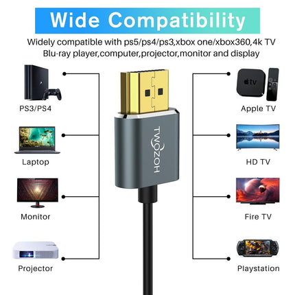 Twozoh üliõhuke 4K HDMI-kaabel 1M 3-pakendis, õhuke ja painduv HDMI 2.0 kaabel, tugi 4K/60Hz 18gbps sülearvutile, monitorile, PS5-le, PS4-le, Xbox One-ile, Fire TV-le
