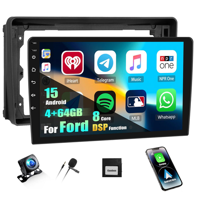 CAMECHO 8-core Android 15 Qualcomm 4+64G Car Stereo for Ford Fiesta Focus Transit Connect Kuga Mondeo with Rear View Camera, 9 inch Wireless Carplay DSP Bluetooth Radio with Android Auto WiFi FM/RDS GPS