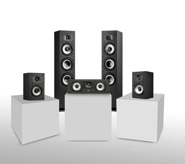 Polk Audio Monitor XT seeria, 5.0 kodukino helisüsteem, ruumilise heli süsteem, mis koosneb kahest MXT60 põrandakõlarist, ühest paarist MXT15 ruumilise heli kõlaritest ja ühest MXT30 keskkõlarist.