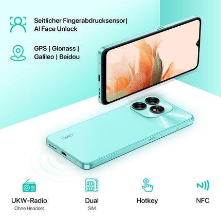 UMIDIGI A15 nutitelefon NFC-ga, 256 GB (kuni 2 TB) + 16 GB, Android-telefon, 64 MP + 16 MP, 6,7-tolline HD+ ekraan, lepinguta, 5000 mAh + 20 W kiirlaadimine, 4G kahe SIM-kaardiga lukustamata telefonid, roheline
