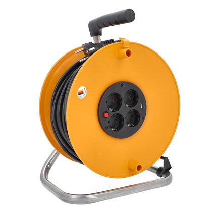 as - Schwabe kaablirull 50 m - 4 sisseehitatud pistikupesa - ülekuumenemiskaitse - seisupidur - 230V/16A/3500W - kaablijuhik - valmistatud Saksamaal - IP20 - oranž, 11481