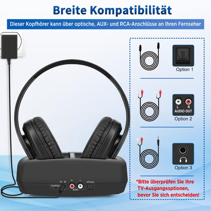 WallarGe juhtmevabad kõrvaklapid teleri/teleri jaoks RF ja Bluetoothiga, kõrvapealsed juhtmevabad kõrvaklapid RF digitaalse laadimisjaamaga, mille ulatus on 30 m, optilise ja AUX-pordiga, pistikühendusega (must)