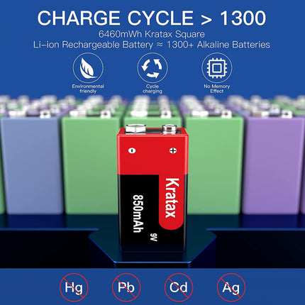 Kratax 9V Block 850 mAh Rechargeable Lithium-ion Batteries. [4 Pack] Suitable for multimeters, alarm systems, walkie-talkies, etc.