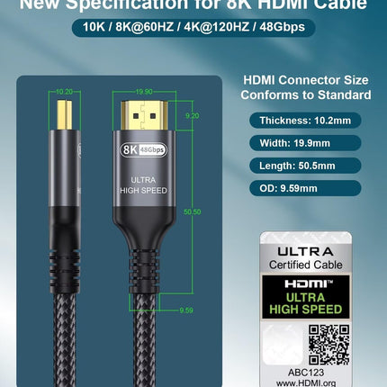 Adauxter 10K 8K HDMI 2.1 kaabel 7,5M, sertifitseeritud 48 Gbps ülikiire HDMI-kaabel Ethernetiga 4K 240 Hz 165 Hz 144 Hz 120 Hz 8K 60 Hz eARC HDCP2.3 HDR10+ arvuti sülearvuti teler monitor projektor PS5 X-Box