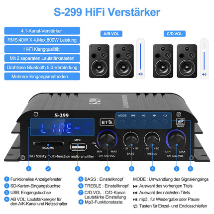 S-299 4.1-kanaliga HiFi võimendi, RMS 40Wx4+50W Bluetooth mini-audiovõimendi, max. 800W võimsus, passiivne subwoofer-võimendi, DC 12V/5A kodukõlaritele, USB SD-pesa, AUX