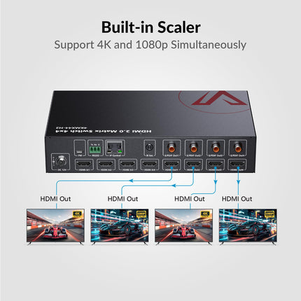 AV Access 4x4 HDMI maatriksijagaja, 4K@60Hz koos HDR Dolby Visioniga, heli ekstraheerimine SPDIF 5.1CH, 4K kuni 1080P allaskaleerimine, CEC, veebiliides, väljalülitusmälu, IR Remote API RS232 juhtimine