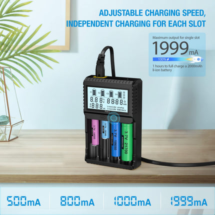 POWXS universaalne akulaadija, 18650 akulaadija testimisfunktsioonidega, LCD-ekraaniga akulaadija liitiumioonakudele, liitium IMR NI-MH NI-Cd AA AAA C 26650 21700 18650 16340 14500 10440 RCR123