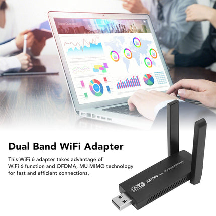 USB-võrgukaart, USB3.0 2,4 GHz kuni 5,0 GHz WiFi 6 adapter, kiire 1800 Mbps kahesageduslik ühendus, tugi AX1800 Mbps MU MIMO WiFi adapter arvutile, lauaarvutile ja sülearvutile