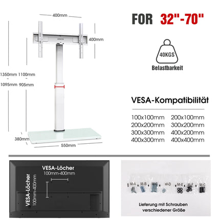 AOKCOS telerialus põrandale, kõrgus 1350 mm, 32–55, 65–70-tollistele teleritele, kallutatav ja pööratav ning kõrgusega reguleeritav telerialus, universaalsed telerialuse jalad, max VESA 400x400 mm, 40 kg (valge)