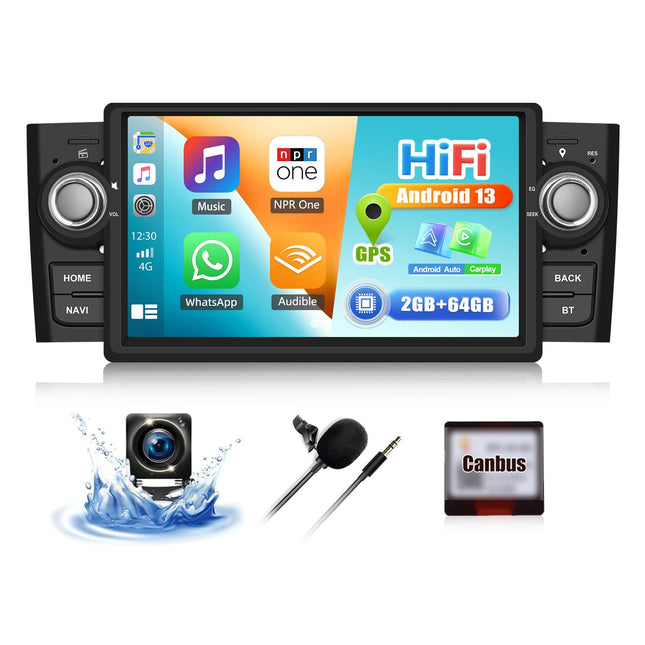 CAMECHO 2+64G Android 13 autoraadio FIAT Punto 05-09/Linea 07-11 jaoks, 7-tolline juhtmevaba Carplay Android Auto Bluetooth HD puutetundliku ekraaniga raadio GPS-i, WiFi, HiFi, FM peegliühendusega 2USB + tahavaatekaamera mikrofon