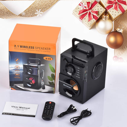 TOMPROAD Bluetooth Speaker, Portable Bluetooth Box with Subwoofer, Wireless Stereo Sound, Rich Bass, Party Speaker, Supports FM Radio, Remote Control, LED Lights (Black)