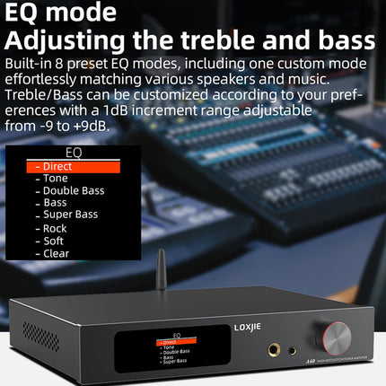 LOXJIE A40 165W x 2 digitaalne võimsusvõimendi, kõrvaklapivõimendi, DSD256 dekodeerimine, BT 5.1, optilised I2S HDMI ARC fono sisendid ja subwooferi väljund ning kaugjuhtimispult