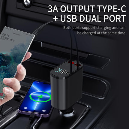 COCIVIVRE autolaadija sissetõmmatav, 4-ühes sissetõmmatav autolaadija 60W, USB sigaretisüütaja adapter, ühildub iPhone 15/14/13/12/Pro Max/Plus/Pro, Samsung Galaxy S24/S23/S22-ga (2 kaablit Apple'ile)