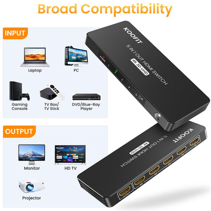 HDMI-lüliti automaatne, 4K HDMI-jaotur 5 sisse ja 1 välja lüliti kaugjuhtimispuldiga, jaotur 5 pordi valikukast toetab 4K 3D HDR-i TV Stick HDTV Xbox Series PS5 jaoks