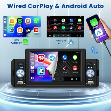 Hikity Carplay autoraadio 1 DIN 5-tollise ekraaniga, puutetundliku ekraaniga, Bluetoothi ​​ja Androidi vabakäesüsteemiga, peegliühendusega, FM-raadio, USB-pordi ja välise mikrofoniga, tahavaatekaameraga