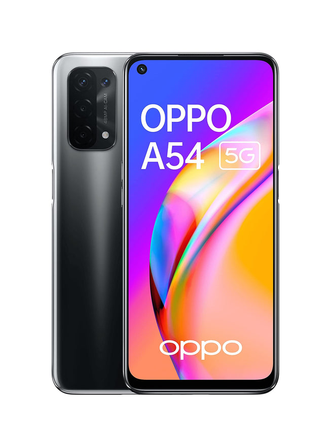 OPPO A54 5G nutitelefon, 48 MP tehisintellektiga neljakaamera Ultra Night Video funktsiooniga, 6,5-tolline 90 Hz FHD+ Neo ekraan, 5000 mAh aku, 5G protsessor, 64 GB salvestusruumi, 4 GB RAM, ColorOS 11.1, kahe SIM-kaardi pesa, fluidmust
