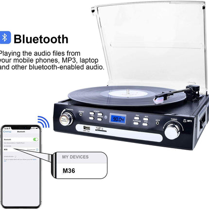DIGITNOW! Vinil pikap Bluetooth pikap çalar Stereo hoparlörlü, pikap çalar 3 hız kademesi, kaset AM/FM radio vinil, MP3 USB kodlaması