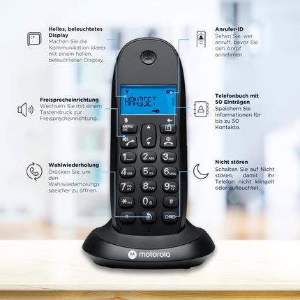 Motorola C1001CB+ – digitaalne DECT juhtmeta telefon – kõnede blokeerimise režiim, helistaja ID, valjuhääldi, 50 numbrit mahutav telefoniraamat, taustvalgustusega ekraan – must
