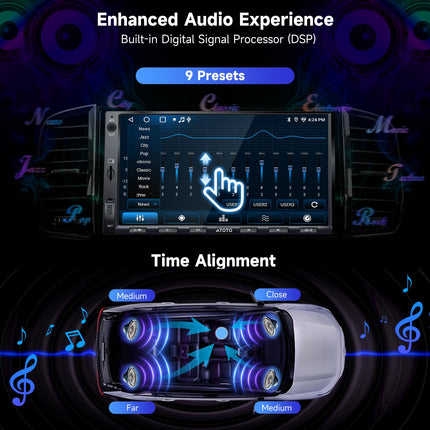 ATOTO A5 kahe DIN-iga Android-raadio, 7-tollise puutetundliku ekraaniga digitaalne meediavastuvõtja, juhtmevaba CarPlay ja Android Auto, WiFi/Bluetooth/USB-ühendus, tahavaatekaamera, telefonilink, 24B-EQ DSP
