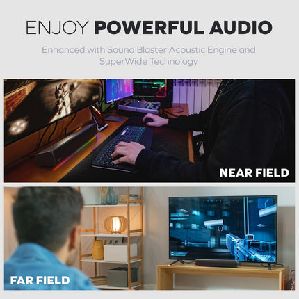 CREATIVE Sound Blaster GS5 RGB mängurikõlar SuperWide tehnoloogiaga, adapteri toega, tippvõimsus kuni 60 W, Bluetooth 5.4, optiline sisend, kõrvaklapiväljund, arvuti ja teleri jaoks