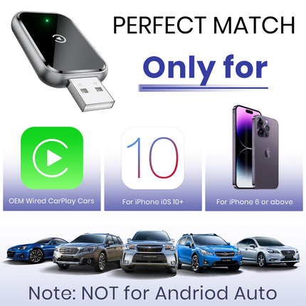 AIZEO juhtmevaba CarPlay adapter, ülikiire uuendus juhtmega CarPlayst juhtmevabaks, pistikprogrammiga ühilduv, miniatuurne ja stabiilne CarPlay juhtmevaba adapter, mis ühildub iPhone'i, iOS 10+ ja juhtmega CarPlayga autodega.