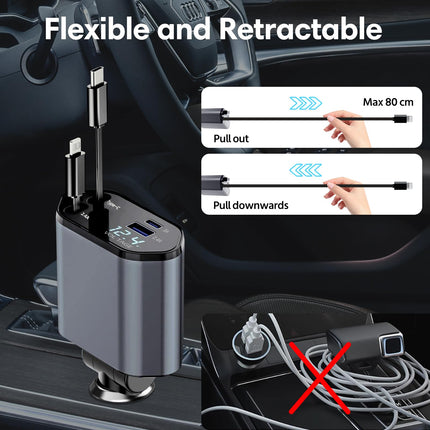 Sweetone 4 in 1 Cigarette Lighter USB C, 66W Retractable Car Charger, Mobile Phone Car Charger Adapter Fast Charger, Car Charger Accessory Interior Compatible with iPhone 16 15 /Samsung Galaxy