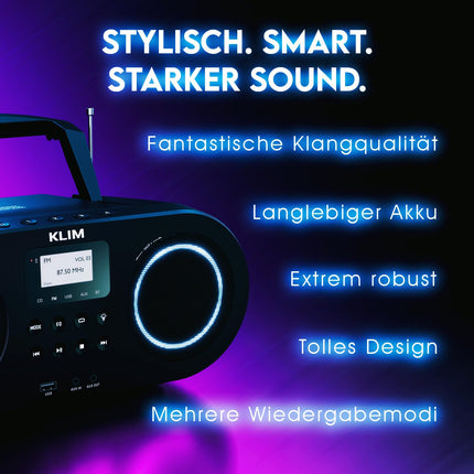 KLIM Boombox B5 raadio CD-mängijaga + FM-raadio, Bluetooth, AUX, USB + UUS + kaasaskantav CD-mängija juhtmevaba režiimi ja laetava akuga + CD-mängija automaatse unerežiimi ja digitaalse ekvalaiseriga