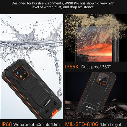 OUKITEL 12500mAh Battery Outdoor Smartphone Without Contract WP18 PRO, 13MP Dual Camera IP68 IP69K Rugged Mobile Phone, Octa Core 4GB 64GB, 5.93'' HD+, Android 12, Dual SIM, Fingerprint, GPS NFC Orange