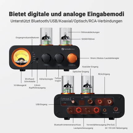 Fosi Audio MC331 Tube Integrated Amplifier with DAC, 2 Channel Home Stereo Audio Amplifier for HiFi Bookshelf Speakers/3.5mm Headphones, Retro VU Meter Preamplifier with Bluetooth and USB/Opt/Coax/RCA