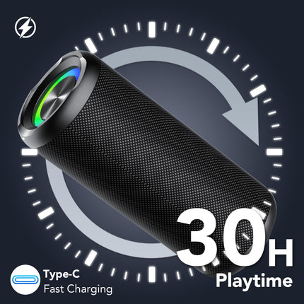 taopodo Bluetooth speaker with light, Bluetooth 5.4 music box, 30W dual speakers, dual bass drivers, 30-hour battery life, IPX7 waterproof, TWS pairing, AUX, TF card, suitable for outdoor/party/travel