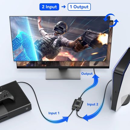 GANA HDMI jaotur 4K 60Hz 2 sisse ja 1 välja lülitav lüliti 1m kaabliga, alumiiniumkorpus, HDCP2.2 UHD 3D PS5/4, Xboxi, Blu-Ray DVD, Fire TV pulga, Chromecasti ja monitoride jaoks