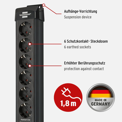Brennenstuhl Premium-Line 6-suunaline pikendusjuhe ülepingekaitsega kuni 26 000 A ja Super-Solid 8-suunaline pikendusjuhe ülepingekaitsega