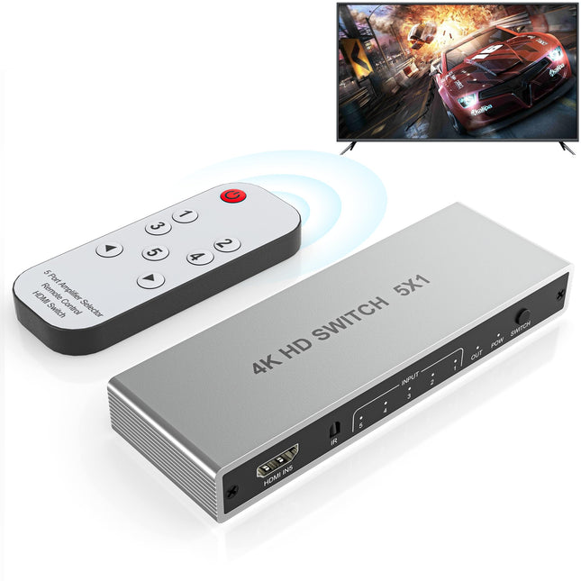 4K HDMI Switch 5 in 1 Output, 4K@60Hz HDMI Splitter with Remote Control, 5 Port HDMI Switch Selector Supports 3D HDR CEC HDCP2.2, Compatible with PS5/4/3, Xbox Switch, Roku TV, Fire Stick