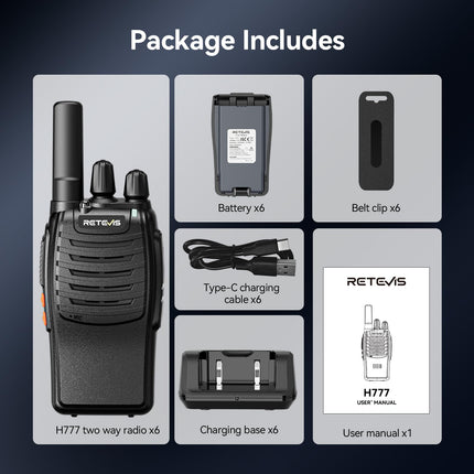 Retevis H777 Two-Way Radio, Walkie Talkie with Flashlight, One-Click Alarm, One-Click Frequency Binding, VOX, Robust, Type-C, Walkie Talkie for Adults for Security, Hotel (6 PCS, Black)