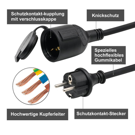 Välistingimustes kasutatav pikendusjuhe 5m, kummist pikendusjuhe Schuko pistikuga, IP44 pikendusjuhe H07RN-F 3G1,5 mm² kaabel, kaitsekorgiga, 3500W, 16A 250V, must
